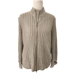 St. John Beige Zip Up Moc Neck Santana Knit Cardigan